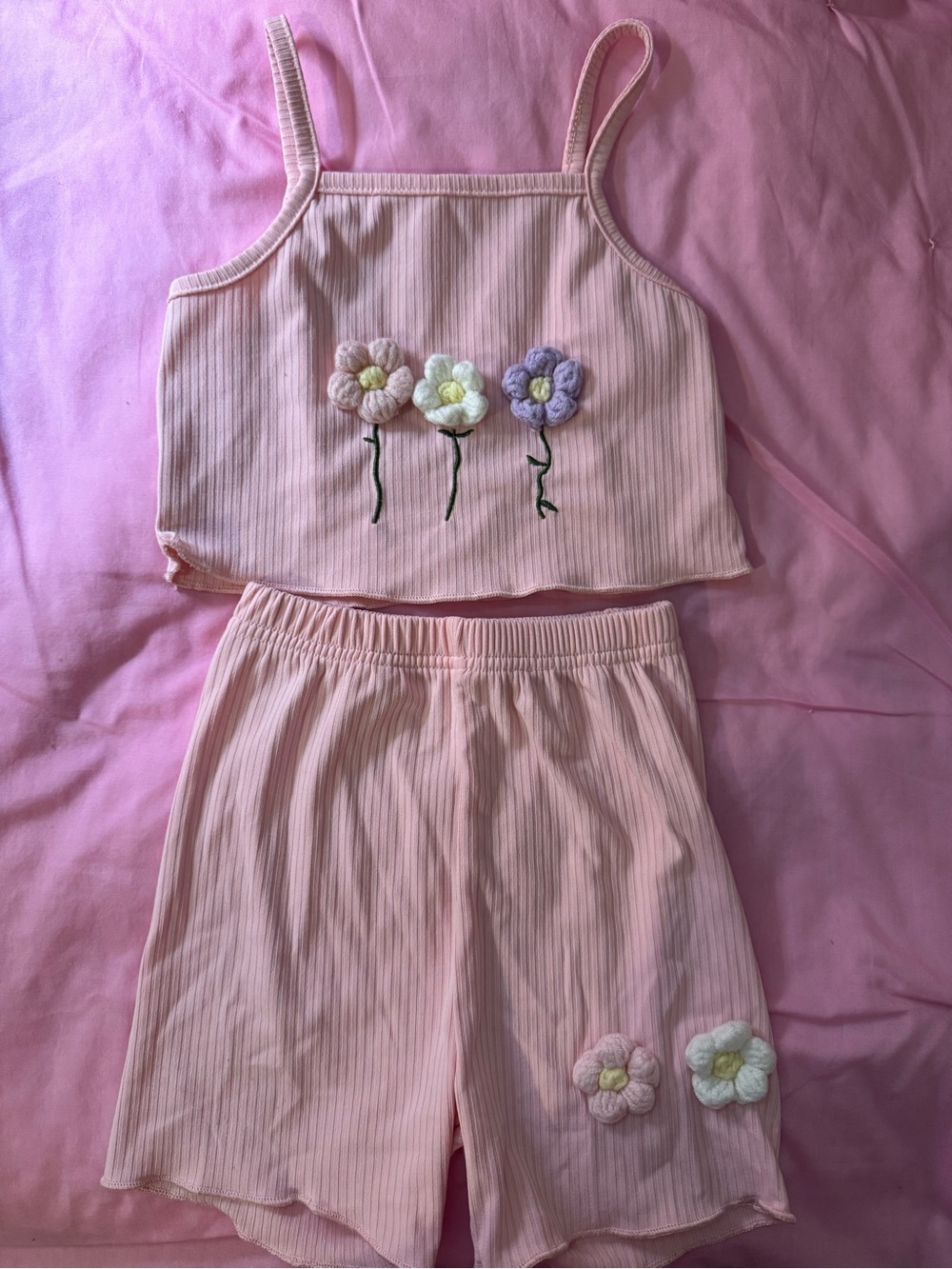 Kids Pink Ribbed Crochet Floral two- piece set Unbranded